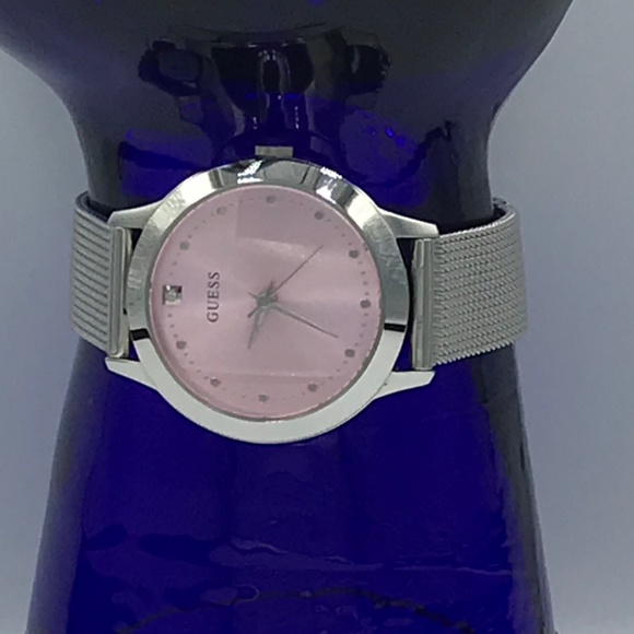 NWOT Guess Women’s Silver Tone, Pink Face Watch With Mesh Wristband - Picture 7 of 9